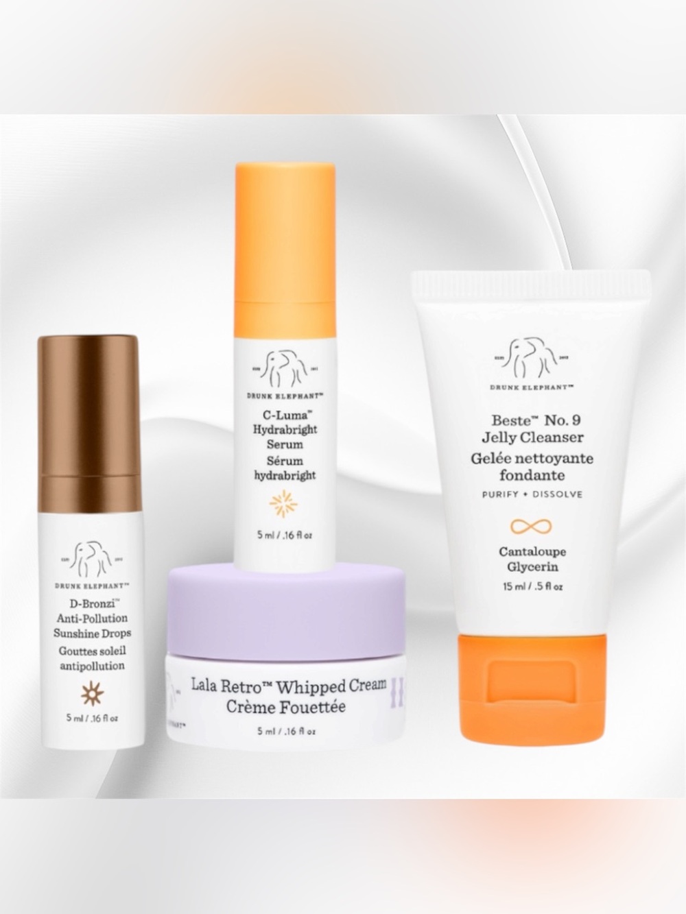 Drunk Elephant Skincare Bundle ft D Bronzi, Beste Cleanser, C Luma, Lala Retro